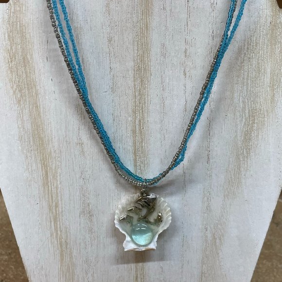 ARTISAN MADE Resin Dolphin Jumping in Natural Seashell Pendant on Necklace - Picture 1 of 5